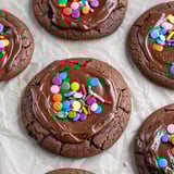 Chocolate cookies with chocolate drizzle and sprinkles.