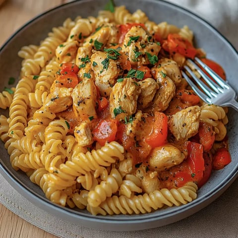 Ein Teller mit gedrehten Nudeln, bedeckt mit zartem Hühnerfleisch und bunten Paprikastücken, garniert mit frischen Kräutern.