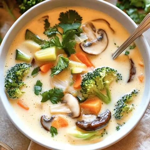 Eine Schale cremiger Gemüsesuppe mit Brokkoli, Möhren, Pilzen und frischem Koriander als Garnitur.