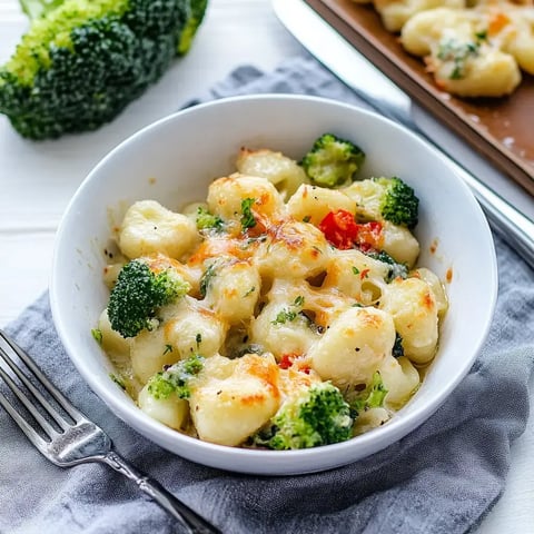 Schale mit überbackenem Gnocchi-Brokkoli-Gratin, mit Kräutern und goldener Käsekruste garniert.