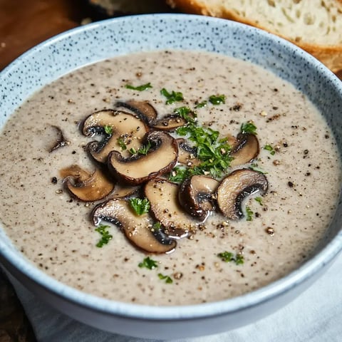 Weiße Schale mit cremiger Pilzsuppe, gebratene Pilze und Kräuter obendrauf, bestreut mit Pfeffer.