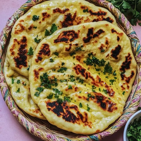 Ein Korb mit mehreren frisch gebackenen Naan-Broten, garniert mit Schnittlauch und leichten Grillspuren.