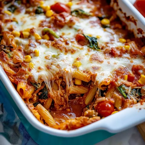 Pasta-Auflauf mit Tomaten, Käse und Gemüse aus dem Ofen.