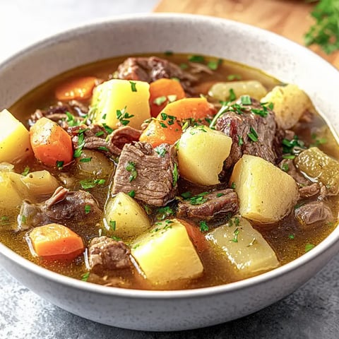 Ein voller Teller mit Lamm, Kartoffeln, Möhren und frischen Kräutern im Eintopf.