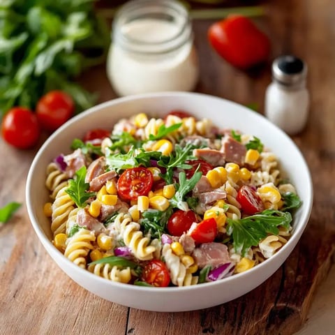 Bunter Nudelsalat mit Mais, Tomaten, Rucola und Schinken in einer weißen Schale serviert.
