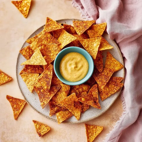 Ein großer Teller Tortilla-Chips, daneben eine kleine Schale mit einer dickflüssigen gelben Soße.