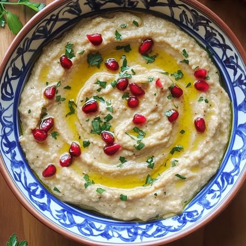 Bunter Teller mit Auberginen-Dip, Granatapfel, frischer Petersilie und ordentlich Olivenöl, hübsch angerichtet.
