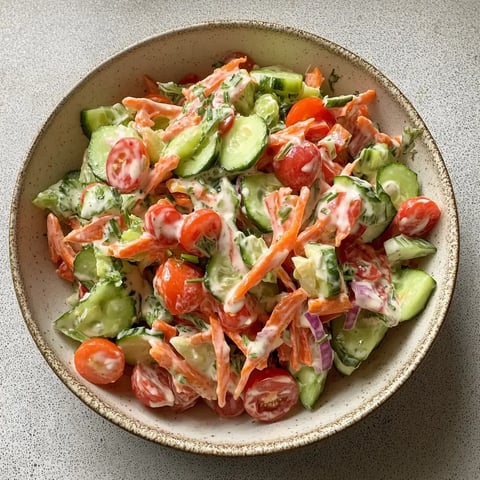 Frischer Salat mit Tomaten, Gurken, Karotten und Zwiebeln – oben drauf eine cremige Soße.