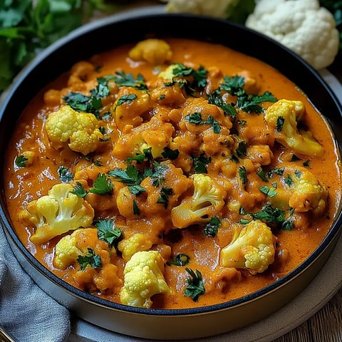 Gerösteter Blumenkohl in cremiger, orangener Sauce mit frischem Koriander getoppt.