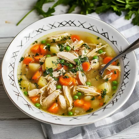 Ein Teller Hühnersuppe mit Fleischstücken, Möhren, grünen Erbsen und Kartoffelwürfeln, garniert mit frischer Petersilie.