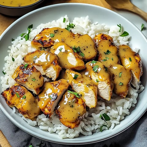 Ein großer, weißer Teller voll zartem Hähnchen in cremiger Sauce, auf lockerem Reis, getoppt mit frischen Kräutern.