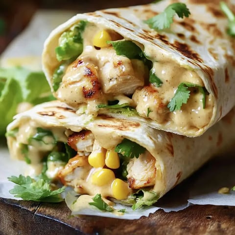 Gerollte Tortillas, prall mit Hähnchen, buntem Gemüse und cremiger Sauce, dekoriert mit Koriander.