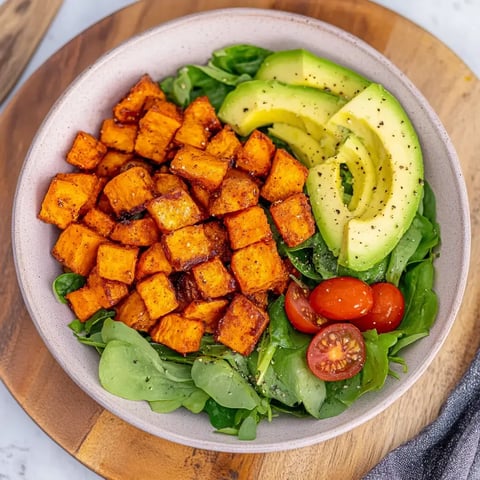 Eine Bowl mit Rucola, würfeligen gebratenen Süßkartoffeln, Tomaten und Avocado.