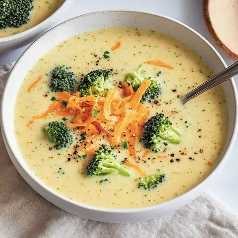 Eine Schale samtige Brokkoli-Möhren-Suppe, garniert mit geraspelten Möhren und kleinen Brokkoliköpfen.