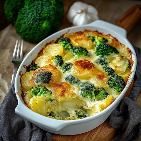 Kartoffeln und Brokkoli unter einer dicken Käse-Schicht in einer weißen Form, dampfend lecker serviert.
