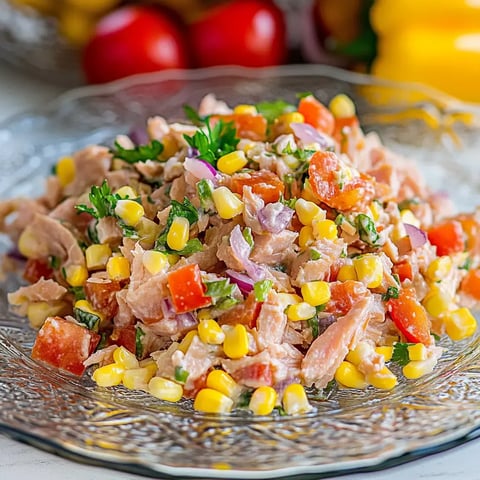 Farbenfroher Thunfischsalat mit Mais, Tomaten, Zwiebeln und Kräutern hübsch auf einem Teller angerichtet.