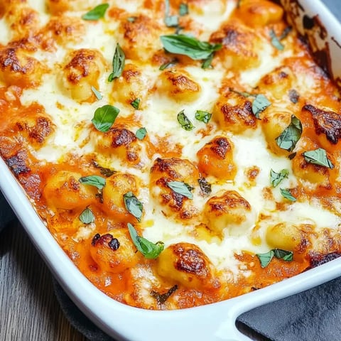 Gnocchi mit Tomatensauce, geschmolzenem Käse und frischen Kräutern überbacken.