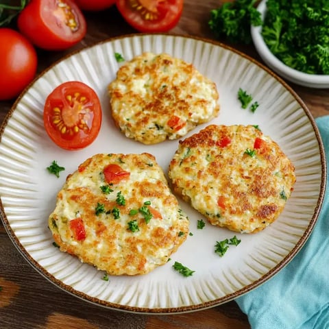 Auf einem Teller liegen drei gebratene Käsetaler mit Kirschtomaten und frischer Petersilie drumherum.