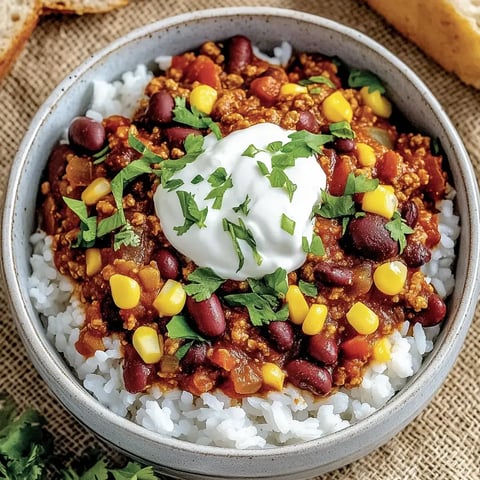 Reisschüssel voll mit würzigem Chili aus Bohnen, Mais und Sojaschnetzel, daneben ein Löffel veganer Sauerrahm, garniert mit Koriander.