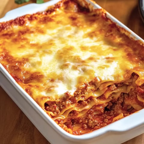 Frisch gebackene Lasagne mit goldbrauner Käsekruste und pikanter Füllung in einer weißen Form.