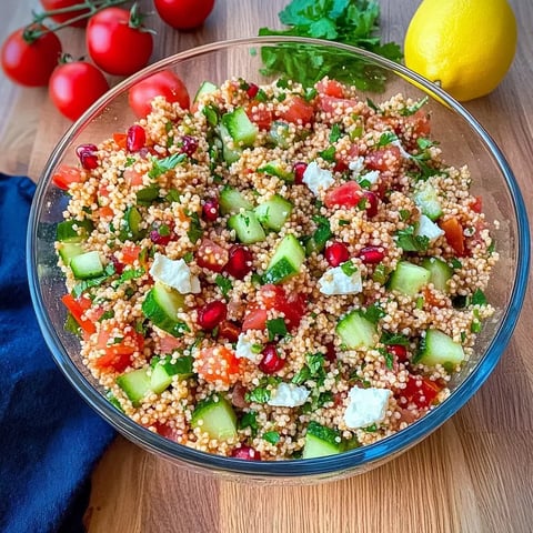Eine farbenfrohe Schüssel mit Quinoa-Salat, garniert mit Gurken, Tomaten, Granatapfelkernen, frischen Kräutern und Feta, während einige Kirschtomaten und eine Zitrone daneben liegen.