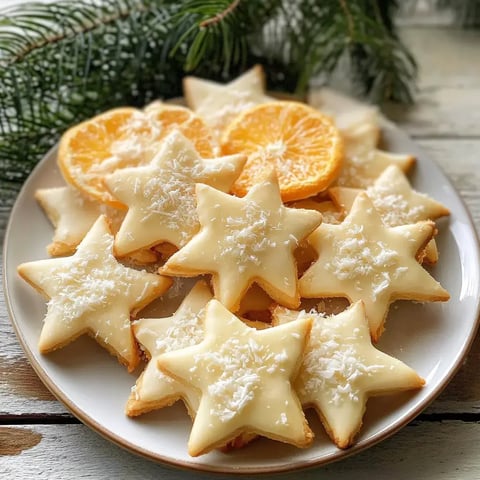 Auf einem Teller liegen Sterne-Kekse mit weißem Guss und Kokosstreusel. Dazwischen getrocknete Orangenscheiben und ein kleiner Zweig.