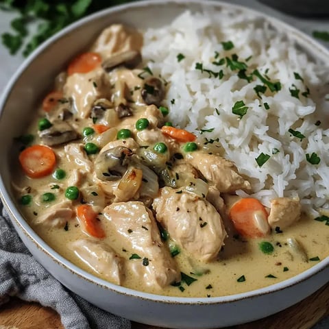 Ein Teller voller cremigem Hähnchen mit Erbsen, Karotten und Pilzen, serviert mit Reis.