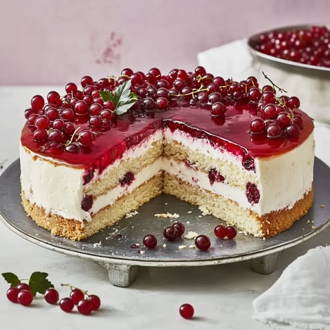 Frische Sahnetorte mit rotem Fruchtspiegel und Johannisbeeren, ein Stück fehlt schon.