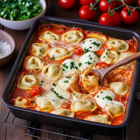 Ein Auflauf mit Tortellini in Tomatensoße, belegt mit Mozzarella und frischer Petersilie, umgeben von Kirschtomaten und frischem Gemüse.