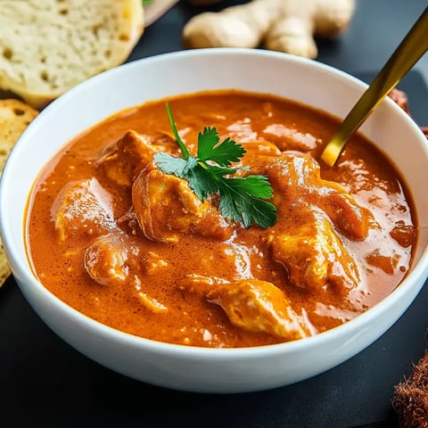 Eine Schale voll cremigem Hähnchencurry, bestreut mit Koriander, dazu etwas Brot und ein wenig Ingwer am Rand.