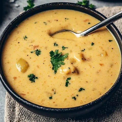 Eine große Portion cremiger Suppe, getoppt mit Koriander und buntem Gemüse.