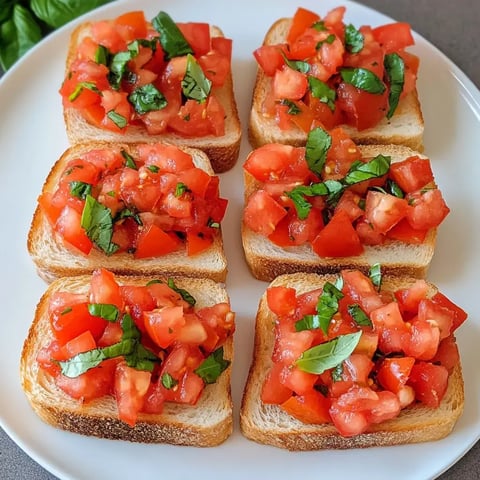 Auf dem Teller liegen sechs Scheiben knuspriges Brot mit buntem Tomatenwürfelmix und viel Basilikum.