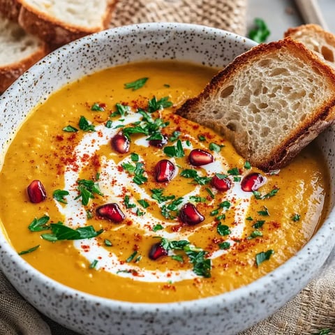 Schüssel voll cremiger Kürbissuppe, darauf ein Klecks Joghurt, Granatapfel und frische Kräuter – daneben ein Stück Brot.