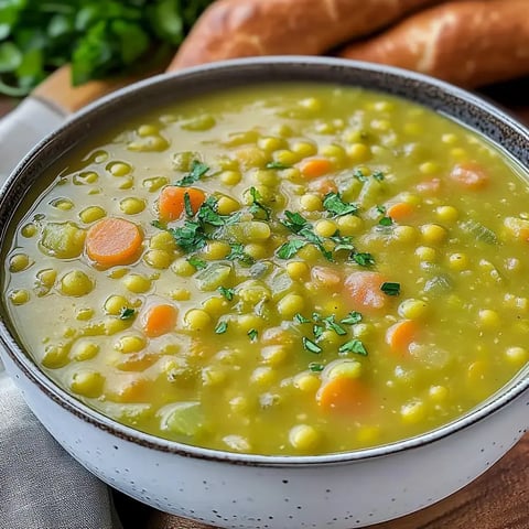 Grüne Erbsensuppe in einer Schale, bestreut mit frischen Kräutern, im Hintergrund liegen Brezeln.