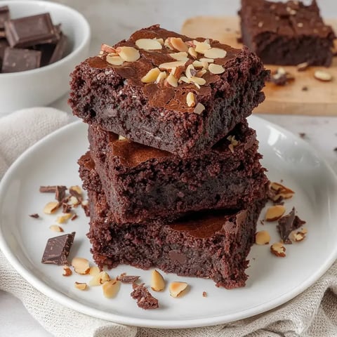 Drei fudgy Schoko-Brownies mit Mandelblättchen liegen locker auf einem weißen Teller.