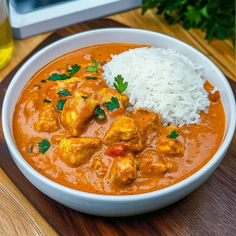 Ein köstlicher Teller mit zartem Hähnchen in cremiger Soße, frische Kräuter obendrauf, dazu eine Portion Reis.