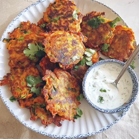 Ein bunter Teller voller knuspriger Gemuese-Pakora, garniert mit frischem Koriander. Daneben steht eine kleine Schale mit einem cremigen Joghurtdip.