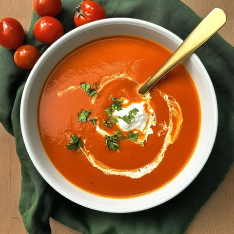 In einer Schüssel schlängelt sich eine cremige Tomaten Suppe, Sahne drauf und frische Kräuter dazu. Drumherum ein paar Kirschtomaten.