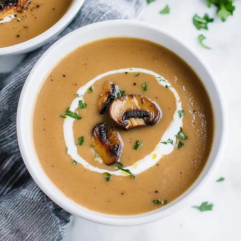 Cremige Pilzsuppe mit Sahnewirbel, angebratenen Champignons und frischen Kräutern obendrauf.