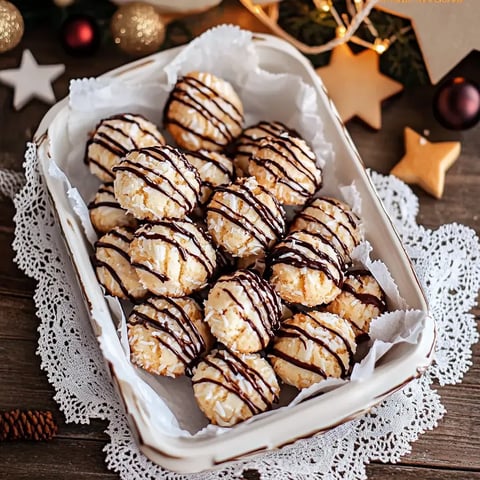 Auf einem urigen Holztisch steht eine Schale voller schokoladen-umhüllter Kokoskekse, weihnachtlich dekoriert ringsherum.