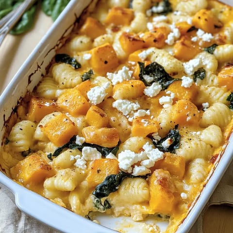 Überbackene Gnocchi mit Kürbis und Spinat, getoppt mit Feta, alles lecker in einer Auflaufform serviert.