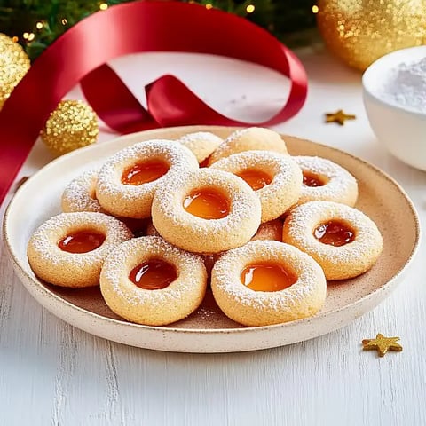 Ein paar runde Kekse liegen auf einem Teller, in der Mitte ein bunter Marmeladenklecks, alles leicht mit Zucker bestäubt und in festlicher Stimmung fotografiert.