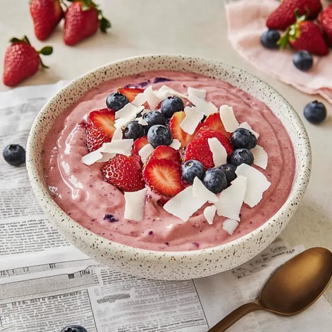 Vor dir steht eine Schale mit cremigem Joghurt, oben drauf frische Erdbeeren, Blaubeeren und Kokos, alles auf Zeitung platziert.
