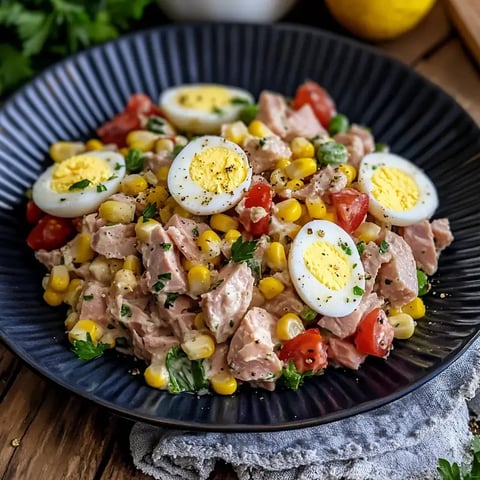 Auf einem dunklen Teller siehst du einen bunten Mix aus Thunfisch, Mais, roten Tomaten, gekochten Eiern und frischer Petersilie.