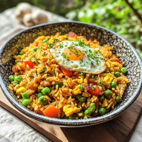 Bunte Schale mit frittiertem Reis, verschiedenen Gemüsesorten und Spiegelei, obendrauf frischer Schnittlauch.