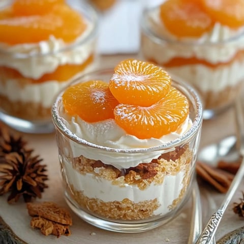 Ein Glas voller Schichten aus Keksen, sahniger Creme und fruchtigen Mandarinenstücken.