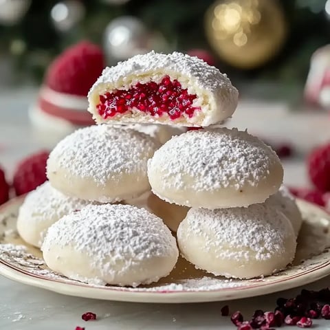 Auf einem Tisch steht ein Teller voller mit Puderzucker bestäubter Kugelkekse, in deren Mitte rote Fruchtfüllung steckt. Drumherum liegen frische Himbeeren und weihnachtliche Deko.