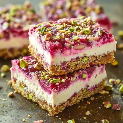Nah dran: Zwei Schichten Dessert mit knusprigem Keks, cremigem Kern und fruchtigem Topping – oben drauf ein paar Pistazienstücke.
