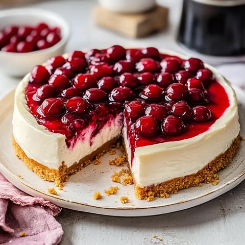 Stück Kirsch-Käsetorte mit Keks am Boden – frisch serviert.