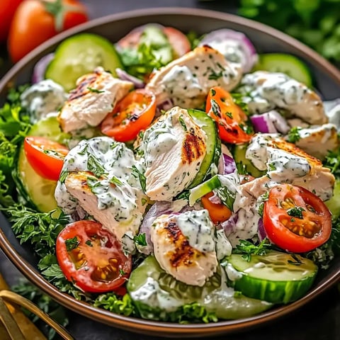 Ein farbenfroher Mix aus gegrilltem Hähnchen, Tomaten, Gurken und cremiger Soße mit frischen Kräutern.